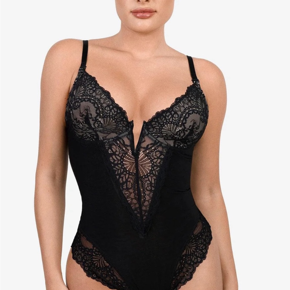 NWT Popilush Black Lace Chemise Shapewear Lace Deep V Sculpting Thong Bodysuit